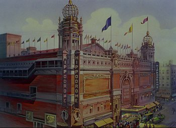 Movie still from “Million Dollar Mermaid” (1952), directed by Mervyn LeRoy – An oil painting of the hippodrome in baltimore , maryland; Extreme Wide shot, Low angle