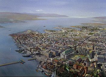 Movie still from “Million Dollar Mermaid” (1952), directed by Mervyn LeRoy – An aerial view of a large city with boats in the water; Extreme Wide shot, High angle