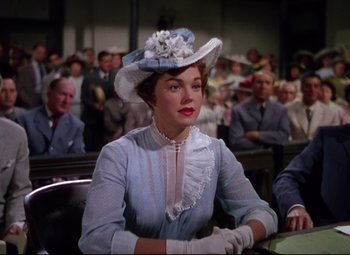 Movie still from “Million Dollar Mermaid” (1952), directed by Mervyn LeRoy – A woman wearing a blue dress and a white hat; Medium shot, Low angle