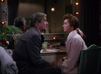 Movie still from “Million Dollar Mermaid” (1952), directed by Mervyn LeRoy – A man and a woman sitting at a table in front of each other; Medium shot, Over the shoulder angle