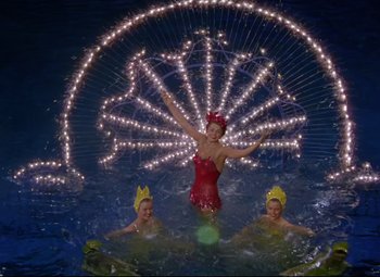 Movie still from “Million Dollar Mermaid” (1952), directed by Mervyn LeRoy – A group of people in a pool with lights on them; Wide shot, High angle