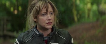 Movie still from “Mindhorn” (2016), directed by Sean Foley – A person wearing a motorcycle jacket; Close Up shot, Over the shoulder angle