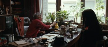 Movie still from “Mister Lonely” (2007), directed by Harmony Korine – An older man sitting at a table with a vase of flowers; Medium shot, Over the shoulder angle