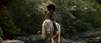 Movie still from “Mister Lonely” (2007), directed by Harmony Korine – A young boy riding a white horse in the woods; Medium shot, Low angle