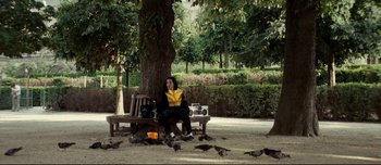Movie still from “Mister Lonely” (2007), directed by Harmony Korine – A woman sitting on a bench near a tree; Wide shot, High angle