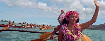 Movie still from “Mister Roberts” (1955), directed by John Ford – A group of people rowing boats in the water; Close Up shot, High angle