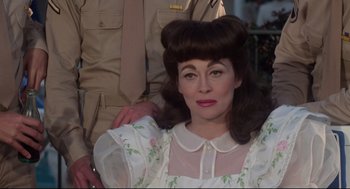 Movie still from “Mommie Dearest” (1981), directed by Frank Perry – A person wearing a dress; Close Up shot, Over the shoulder angle