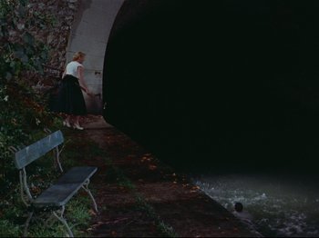 Movie still from “My Uncle” (1958), directed by Jacques Tati – A woman standing next to a bench next to a river; Extreme Wide shot, High angle