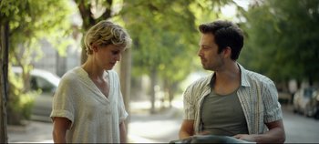 Movie still from “Monday” (2020), directed by Argyris Papadimitropoulos – A man and a woman talking to each other; Medium shot, Over the shoulder angle