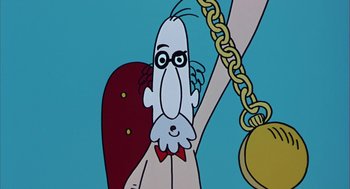 Movie still from “Monkeybone” (2001), directed by Henry Selick – A cartoon character with a gold chain hanging from the back of his head; Close Up shot, Low angle