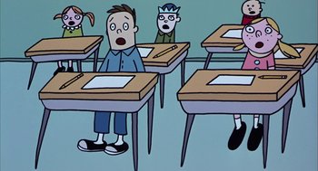 Movie still from “Monkeybone” (2001), directed by Henry Selick – A group of people sitting at desks in a classroom; Close Up shot, High angle