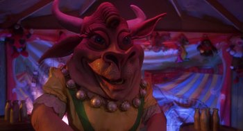 Movie still from “Monkeybone” (2001), directed by Henry Selick – A bull's face in a costume; Close Up shot, Low angle
