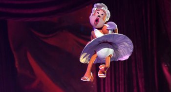 Movie still from “Monkeybone” (2001), directed by Henry Selick – A cartoon character is flying through the air; Wide shot, Low angle