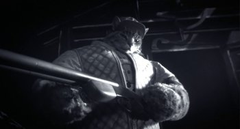 Movie still from “Monkeybone” (2001), directed by Henry Selick – A black and white photo of a cat holding a guitar; Medium shot, Low angle