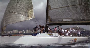 Movie still from “Morning Light” (2008), directed by Mark Monroe – A group of people on a sail boat in the ocean; Extreme Wide shot, High angle