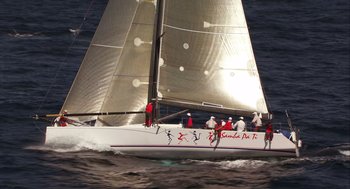 Movie still from “Morning Light” (2008), directed by Mark Monroe – A group of people on a sail boat in the ocean; Extreme Wide shot, High angle