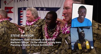 Movie still from “Morning Light” (2008), directed by Mark Monroe – A group of men wearing hawaiian garb and lei's; Medium shot, Low angle