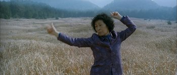Movie still from “Mother” (2009), directed by Bong Joon Ho – An older woman standing in the middle of an open field; Medium shot, Low angle