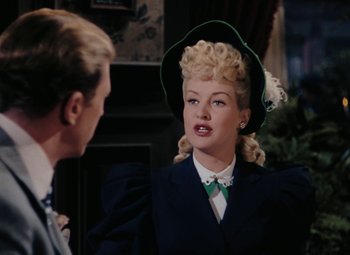 Movie still from “Mother Wore Tights” (1947), directed by Walter Lang – A man and a woman talking to each other in front of a fireplace; Medium shot, Over the shoulder angle