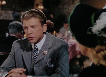 Movie still from “Mother Wore Tights” (1947), directed by Walter Lang – A man wearing a suit and tie talking to a woman; Close Up shot, Over the shoulder angle