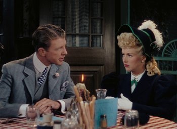 Movie still from “Mother Wore Tights” (1947), directed by Walter Lang – A man and a woman sitting at a dinner table; Medium shot, Over the shoulder angle