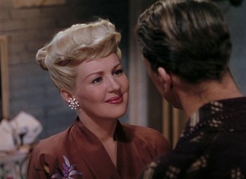 Movie still from “Mother Wore Tights” (1947), directed by Walter Lang – An older woman talking to a younger man in front of a brick wall; Close Up shot, Over the shoulder angle