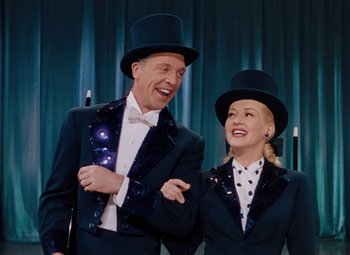Movie still from “Mother Wore Tights” (1947), directed by Walter Lang – A man and a woman wearing suits and top hats; Medium shot, Low angle
