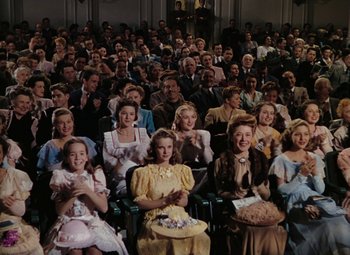Movie still from “Mother Wore Tights” (1947), directed by Walter Lang – A group of people sitting in a room with a cake; Wide shot, High angle