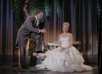 Movie still from “Mother Wore Tights” (1947), directed by Walter Lang – A man and a woman sitting on a park bench; Wide shot, Low angle