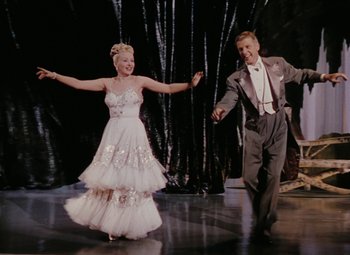 Movie still from “Mother Wore Tights” (1947), directed by Walter Lang – A man and a woman dancing on a stage; Wide shot, Low angle