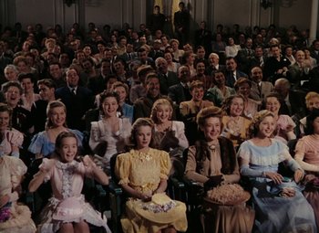 Movie still from “Mother Wore Tights” (1947), directed by Walter Lang – A group of people sitting in a room; Wide shot, High angle
