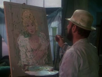 Movie still from “Moulin Rouge” (1952), directed by John Huston – A man is painting a picture of a woman; Close Up shot, Over the shoulder angle