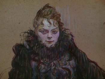 Movie still from “Moulin Rouge” (1952), directed by John Huston – A drawing of a woman wearing a black coat; Close Up shot, High angle