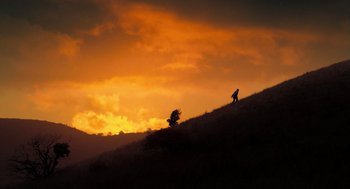 Movie still from “Mr. Bean's Holiday” (2007), directed by Steve Bendelack – A person is standing on a hill at sunset; Extreme Wide shot, Low angle
