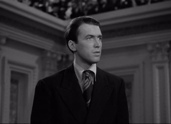 Movie still from “Mr. Smith Goes to Washington” (1939), directed by Frank Capra – A black and white photo of a man in a suit and tie; Close Up shot, Low angle