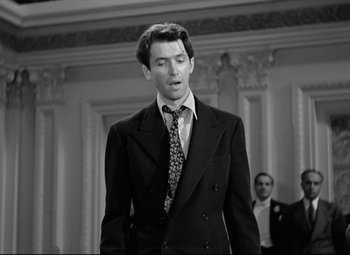 Movie still from “Mr. Smith Goes to Washington” (1939), directed by Frank Capra – A black and white photo of a man in a suit and tie; Medium shot, Low angle