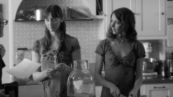 Movie still from “Much Ado About Nothing” (2012), directed by Joss Whedon – Two young women standing next to each other in front of a vase; Medium shot, Over the shoulder angle