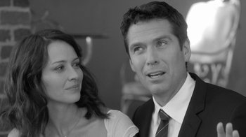 Movie still from “Much Ado About Nothing” (2012), directed by Joss Whedon – Black and white photograph of a man and a woman; Close Up shot, Over the shoulder angle