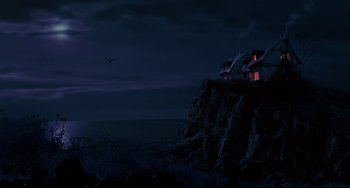Movie still from “Muppet Treasure Island” (1996), directed by David Lane – A house sitting on top of a cliff at night; Extreme Wide shot, Low angle