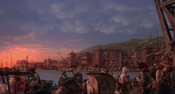 Movie still from “Muppet Treasure Island” (1996), directed by David Lane – A group of people riding horses on top of a body of water; Extreme Wide shot, Low angle