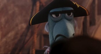 Movie still from “Muppet Treasure Island” (1996), directed by David Lane – The head and face of a cartoon character; Close Up shot, Over the shoulder angle