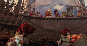 Movie still from “Muppet Treasure Island” (1996), directed by David Lane – A group of stuffed animals on a boat; Wide shot, Low angle
