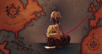 Movie still from “Muppet Treasure Island” (1996), directed by David Lane – A pirate ship sailing on the ocean next to a map; Extreme Wide shot, Overhead angle