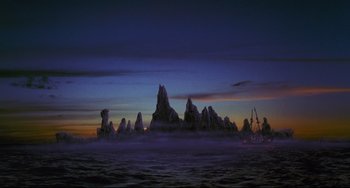 Movie still from “Muppet Treasure Island” (1996), directed by David Lane – A large body of water near a body of water at night; Extreme Wide shot, High angle