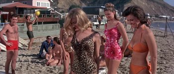 Movie still from “Muscle Beach Party” (1964), directed by William Asher – A group of young women standing on top of a sandy beach; Medium shot, High angle