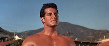 Movie still from “Muscle Beach Party” (1964), directed by William Asher – A shirtless man with a mountain in the background; Close Up shot, Low angle