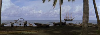 Movie still from “Mutiny on the Bounty” (1962), directed by George Seaton – A group of boats sitting on top of a sandy beach; Extreme Wide shot, High angle