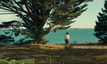 Movie still from “My American Uncle” (1980), directed by Alain Resnais – A man standing next to a tree near a body of water; Extreme Wide shot, Low angle