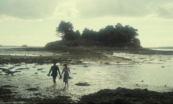 Movie still from “My American Uncle” (1980), directed by Alain Resnais – Two people walking through shallow water on a cloudy day; Extreme Wide shot, High angle