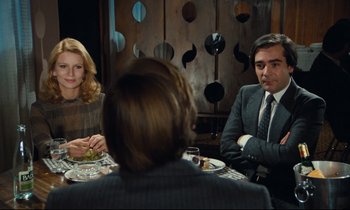 Movie still from “My American Uncle” (1980), directed by Alain Resnais – A man and a woman sitting at a dinner table; Medium shot, Over the shoulder angle
